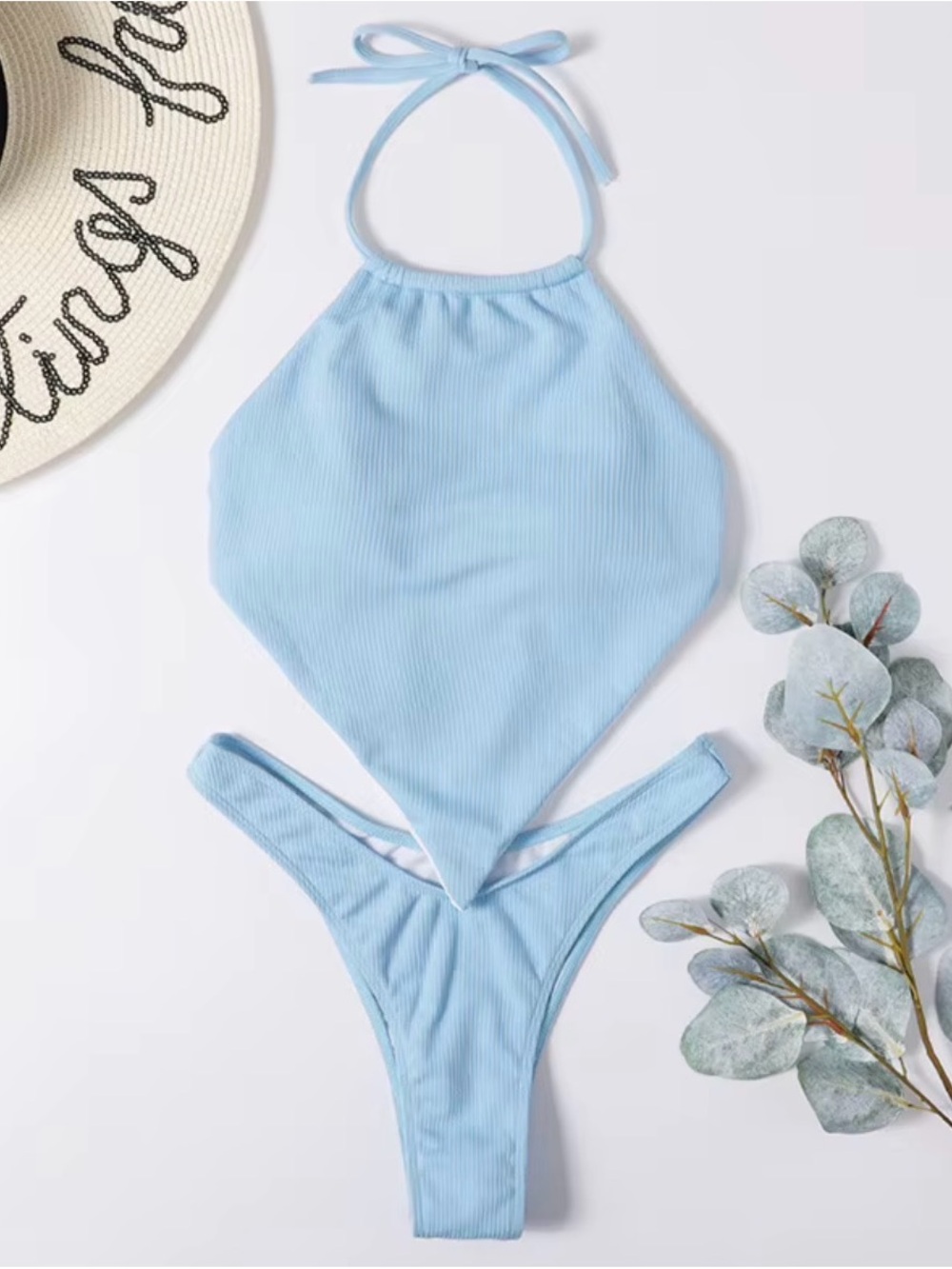 NEW Baby Blue Ribbed Halter Bikini Set High Cut